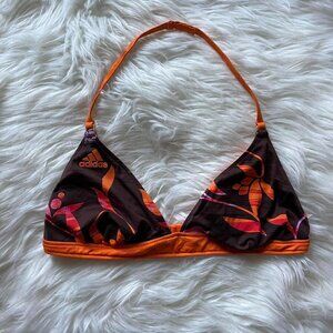 Y2K Adidas Brown and Orange Floral Halter Strappy Bikini Top